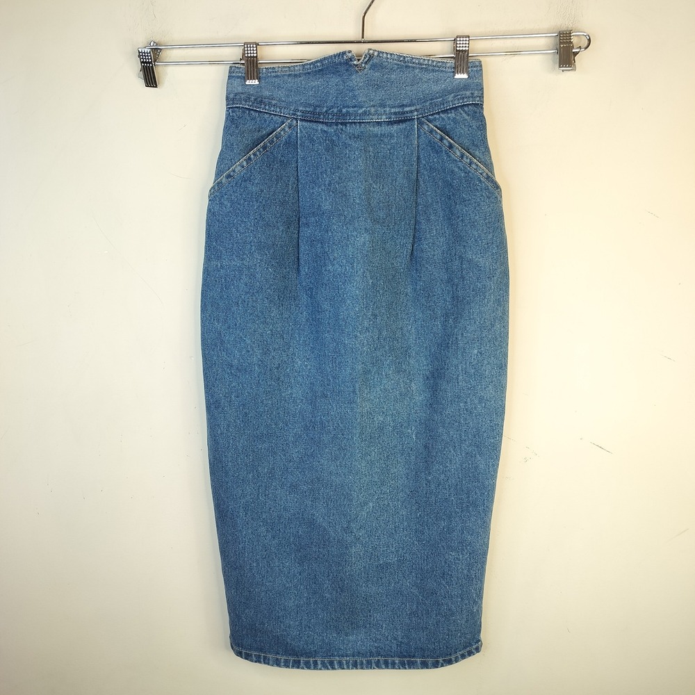 Vintage Zena Denim Midi Skirt XS / S Womens Button Back Pleated‎ High Waist Blue